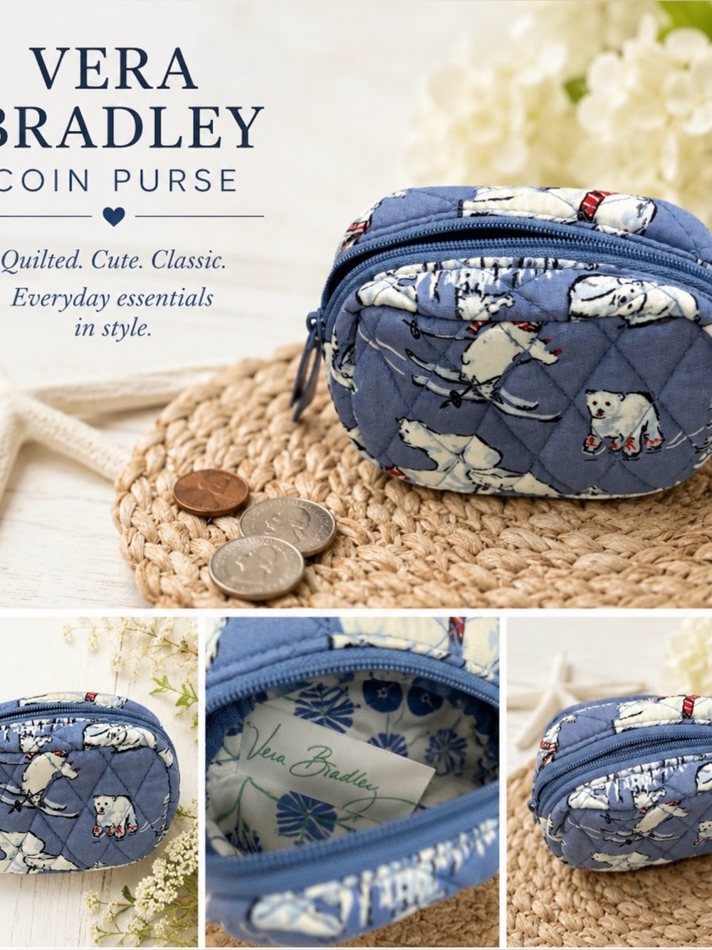 Vera Bradley Blue Quilted Coin Purse with Polar Bear Print